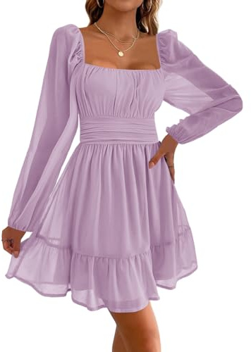 Imily Bela Abito da donna con scollo quadrato, abito da festa, mini abito in mesh, a vita alta, plissettato, a maniche lunghe, per ospiti di matrimonio, con volant, Viola, M