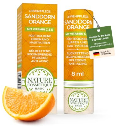 Nature Cosmétique® Basic Lippenpflege SANDDORN ORANGE (Zitrusfrisch, Fruchtig) – mit Bienenwachs & Lanolin für normale, trockene, rissige Haut – Bio Lippenpflegestift – plastikfrei mit Push-up Hülse