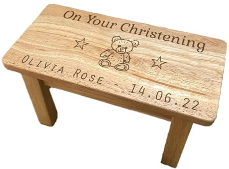 The Lovely Keepsake Company Taufhocker aus Holz für Kinder, personalisierbar, Name und Datum, rechteckiges Design, massives Hevea-Holz, Baby-Taufgeschenk, Kinderzimmer-Dekoration, 39 cm x 19 cm x 21