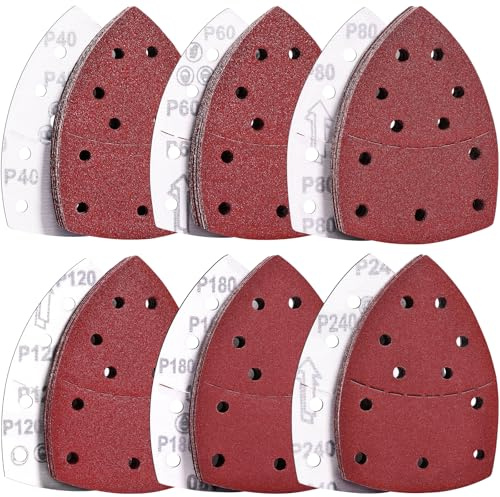 WEWINK PLUS 90 PCS Mouse Sanding Pads With 11 Holes, Detail Mouse Sander Pads Assorted 40/60/80/120/180/240 Grits, Hook and Loop Sanding Sheets Fit For Bosch Multi-Sander, Used For Wood, Paint, Wall
