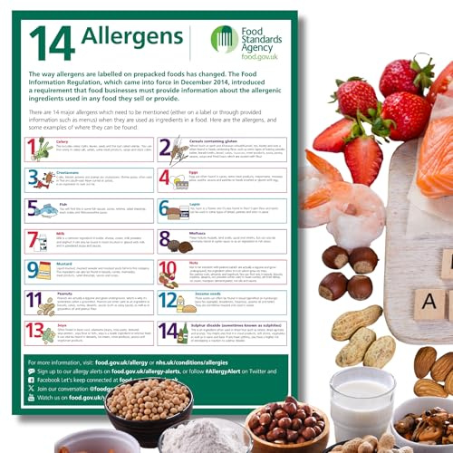 Food Allergens Poster Sign A4 Self Adhesive 297mm x 210mmmm, 1pc or 2pc – 14 Allergens Self-Adhesive Vinyl Sticker, Waterproof, Oil proof, Food Standards Agency compliant, Kitchens and Restaurants (1)
