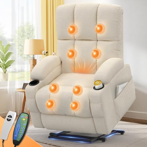 sisolos Lift Chair for elderly, Recliner Armchair with Massage and Heating, Comfy Rise Recliner with Extended Footrest,Type C+USB, 2 Cup Holders & 4 Sides Pockets, Padded Armrest & Cushion (Beige)