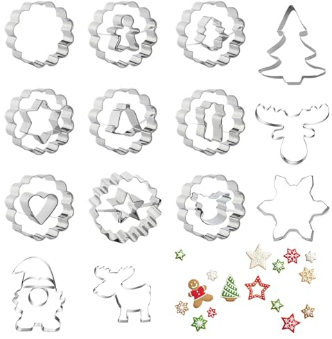 Moldes de galletas de Navidad, gominolas, cortadores de galletas, acero inoxidable, 3D, cabeza de alce, cortadores de galletas para tartas, fondant, galletas, regalo (14 unidades)