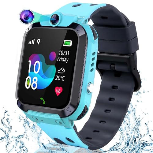 GPS Reloj Inteligente Niño, Smartwatch Niños con GPS y Llamadas, SOS, Bidireccional Chat de Voz, Clase Modo, 10 Contactos, IP68 Impermeable, Cámara, Juego, Despertador, Reloj Llamadas Niños Regalos