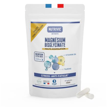 Magnésium Bisglycinate 1500 mg - 1mois - Vitamine B6 - Stress, Fatigue & Sommeil - Haute Absorption & Haute Concentration - 120 Gélules - Fabriqué en France - Nutrivie