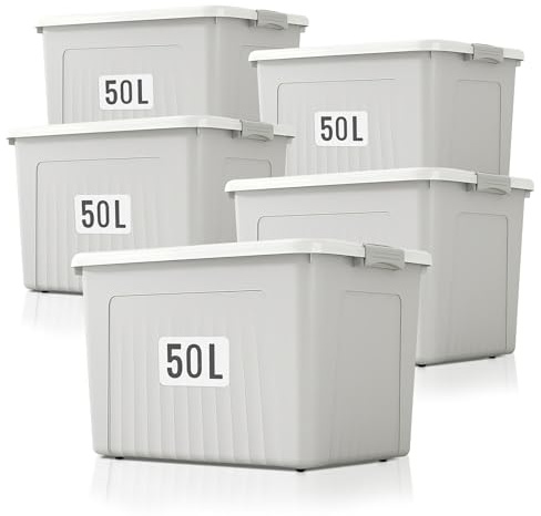 Froppi Storage Boxes - Plastic Storage Boxes with Lid, 5 Pack 50L (Grey) | Wheels, L55 W39 H31 cm, Stackable, Lockable Lid, Large Capacity, Handles, Durable, Easy to Use, Portable, Quality Plastic