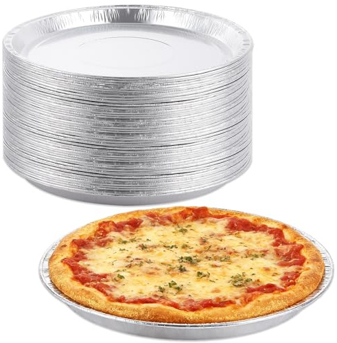 MEIDIV 50PCS Foil Tray Serving Platters 30cm, 12in Aluminium Foil Round Pizza Pie Flan Tart Plates Trays, Large Disposable Foil Serving Trays for Parties Silver