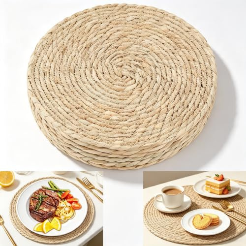 Round Woven Placemats Set of 6, 30cm Handwoven Water Hyacinth Placemats Woven Placemats Wicker Water Hyacinth Braided Placemats,Braided Straw Table Mats for Dining Table, Home, Party & Wedding Decor
