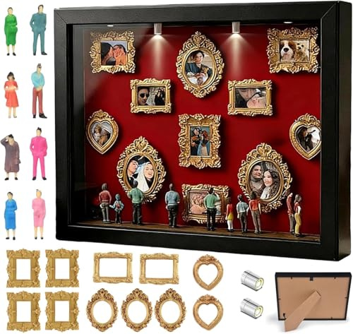 Pipihome DIY Mini Museum Bilderrahmen, Mini Figuren Menschen Museum Silhouette Box mit LED Licht & Golden Rahmen, Miniatur Menschen Bilderrahmen für Deko Wohnzimmer Schlafzimmer Jahrestag Hochzeit