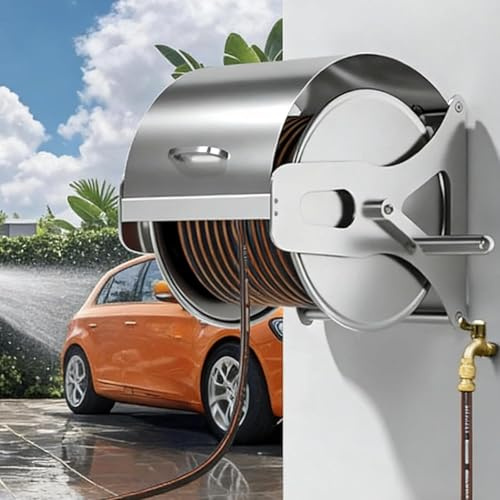 Stainless Steel Garden Hose Reel with Wall Mount, Lid, and Rocker, Holds Up to 164/229 Feet for Gardens, Watering, Lawns, and Backyards