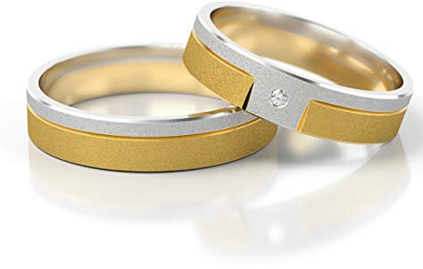 JC Gold Trauringe - Gelbgold Weißgold Ehering Bicolor inklusive Stein und Gravur im Paarpreis PL006 (14 Karat (585) Bicolor)