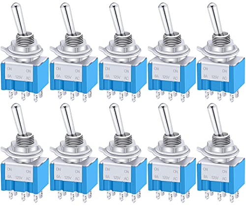 Taiss 10 pezzi Mini Interruttore a levetta ON/Off/ON 3 Posizioni 6 Pin DPDT Metallo Interruttore a Bilanciere a levetta 6A 125V AC Blu per Automobile,casa MTS-203