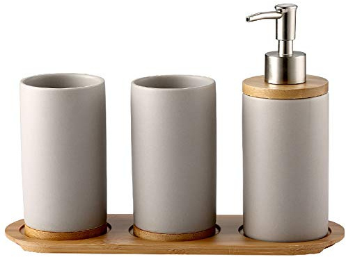 OnePine Lot de 4 Ensemble d'accessoires de Salle de Bain en céramique, Porte-Brosse à Dents, Distributeur de Savon, Gobelet, Plateau en Bambou