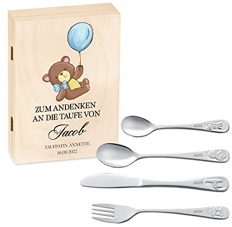Maverton Kinderbesteck Set mit Gravur - Holzbox mit Aufdruck - aus Edelstahl - mit Tieraufdruck - 4-teilig - personalisierbar - Braun - Geschenk Geburtstag, Taufe, Geburt - Teddybär
