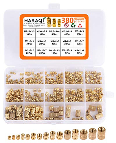 380 Stück Gewindeeinsatz M2 M2.5 M3 M4 M5 M6 Metrische Weibliche Thread Brass Knurled Threaded Insert Embedment Nuts assortment Kit für Kunststoffteile 3D Druckteile durch Ultraschall Warmeinbettung