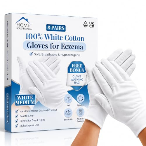 Cotton Gloves for Eczema, White Cotton Gloves for Dry Hands, Moisturising Gloves, Hand Moisturising Gloves, Eczema Gloves for Men & Women, Overnight Moisture Gloves, 8 Pairs with Wash Bag. (Medium)