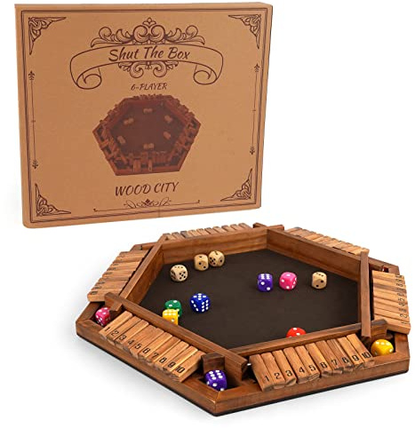 WOOD CITY Shut The Box Game Wooden for 6 Players, Close The Box Math Game for Kids Adults with 16 Dice, 6 Way Tabletop Quick Board Game for Family Friends 3+ Years Old in Classroom, Party or Pub
