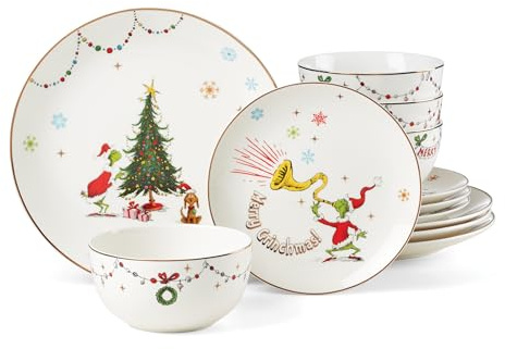Lenox 895051 Merry Grinchmas 12-Piece Dinnerware Set, Green, 12 Count, Christmas, Holiday Hosting