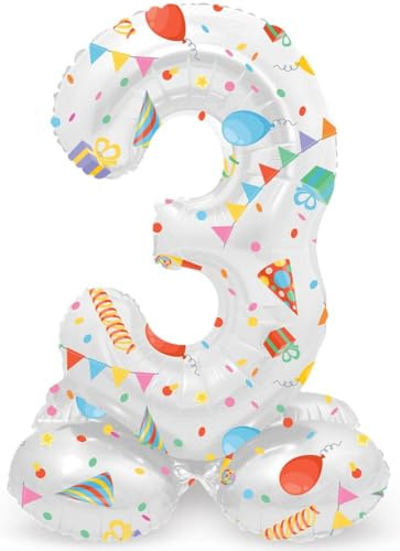 Folat 63963 Luftballon Geburtstag Stehender Ziffer Zahl 3 Joyful Party Weiß mit Geschenke und Dekoration 72 cm - Decoration Geburtstagdeko, Ballon Zahl, Kein Helium erforderlich