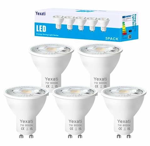 Yexati Bombillas LED GU10,550 lúmenes, 7w(equivalente a 50w Led Halogeno), Blanco Frío 6000K,No Regulable,Paquete de 5