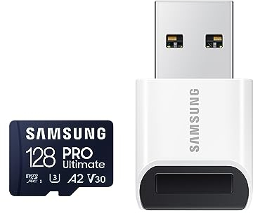 Samsung PRO Ultimate microSD memory card, 128 GB, UHS-I U3, 200 MB/s read, 130 MB/s write, Includes USB card reader, For smartphone, drone or action cam