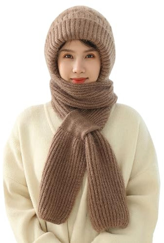 Duohropke Integrierter Gehörschutz Winddichte Mütze Schal Set Damen, Kapuzenschal für Frauen Winter, 2 in 1 Maskenschal Strickmütze Damen Verdickter Warmer Einteiliger Hutschal
