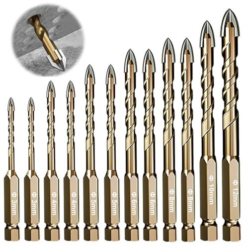 Fliesenbohrer Set 12 tlg, Glasbohrer Steinbohrer Bohrer Set, Ø 3-12 mm Sechskantschaft Universalbohrer Keramikbohrer, Fliesenbohrer, für Metall Ziegel Glas Kunststoff Holz