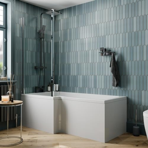 BAYSTONE 1500 x 855mm Left Hand L Shaped Shower Bath Bathtub with Front Panel + Chrome Bath Screen