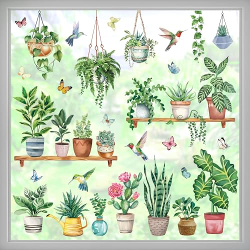 wondever Fenstersticker Grüne Topfpflanze Fenster Aufkleber Hängende Pflanzen Blätter Vögel Fensterbilder Fensteraufkleber Anti-Kollision Doppelseitig Glasaufkleber Frühling Sommer Glas Deko