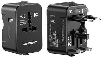 LENCENT Adaptateur de Voyage International Adaptateur Universel Chargeur avec 1 USB-A et 2 Type C pour Téléphone Tablette, Adaptateur Prise électrique Mondial Tout en Un pour USA/UK/EU/AUS, Noir