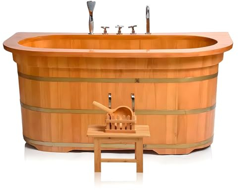 Handgefertigte Badewanne aus Naturholz mit Wasserhahn-Set, freistehendes Design für Erwachsene und Kinder, Familienmitglieder, inklusive Outdoor-Bank und Wasserschaufel