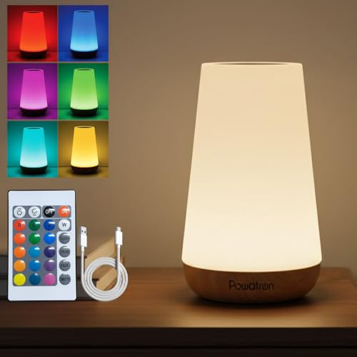 Powatron Bedside Lamp USB Rechargeable LED Touch Table Lamp RGB Night Light | 13 RGB Colours, Remote Control, Timer, Dimmable Wireless LED Lamp for Bedroom, Living Room, Nursery & Bedside Table