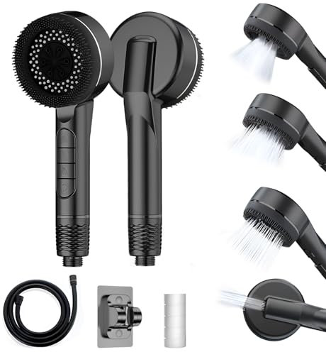 XUJMK Soffione Doccia 4 Modi Con Tubo 1.5m, Anticalcare Con Filtro Incorporato, Supporto Senza Fori, Universale Dimensione Collegare