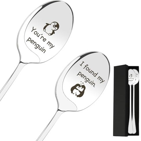 Valentines Gifts for Her,Romantic Gifts for Her,Girlfriend Birthday Presents,Penguin Couples,Boyfriend Gifts,Husband Gifts,Wife Gifts,I Love You Gifts for Her,Love You Gifts,2 Engraved Coffee Spoons