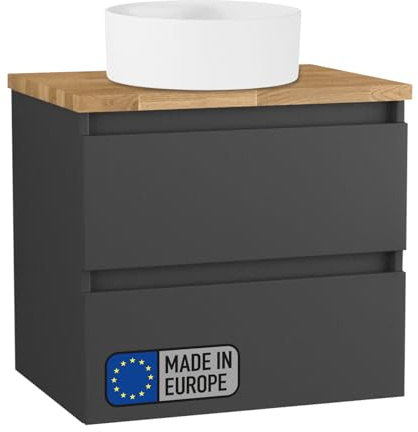 BadeDu Gers Badmöbel Set – 3-teiliges Set mit Aufsatzwaschbecken, Waschbeckenunterschrank & Waschtischplatte – Grau Matt, 60 cm Breit, Soft-Close-System