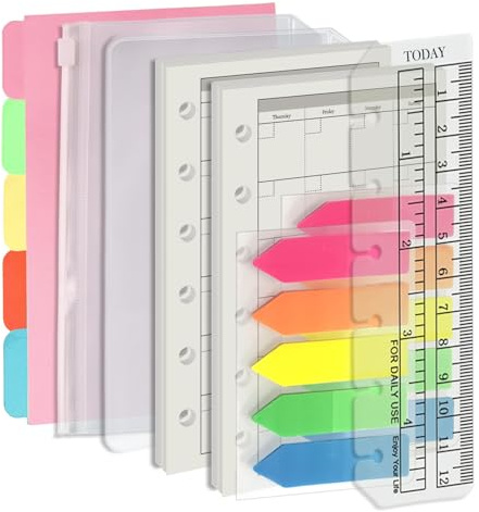 Harphia A7 6 Löcher Binder Refill Value Set, 90 Blatt Loseblattpapier mit Aufklebern und Trennblättern, Planereinlagen mit Bindertaschen für nachfüllbares Notizbuch (Monat, A7)