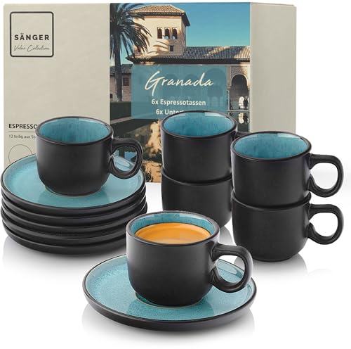 Sänger Granada Value Collection Lot de 12 tasses à expresso en faïence, pour 6 personnes, tasses et soucoupes, passent au lave-vaisselle, au micro-ondes, bleues, avec bord noir, 80 ml