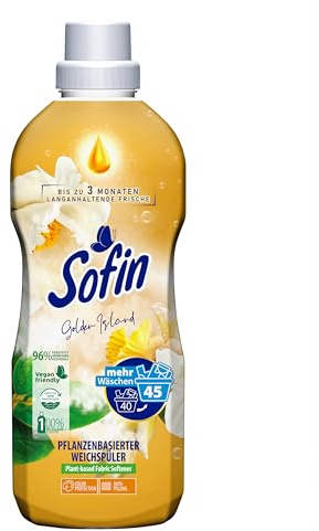 Sofin Weichspüler vegan Golden Island 0,81l für 45 Waschgänge - Mit Anti-Pilling-Effekt, Ohne Mikroplastik, Himmlisch weiche & duftende Wäsche