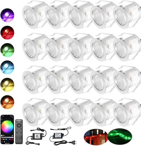30er Terrasse Bodeneinbauleuchten außen RGB-Ø30mm 0,6W led Einbaustrahler Aussen 12v mini led spot Terrassenbeleuchtung mit Fernbedienung IP67 Wasserdicht Kompatibel mit Alexa Google Home