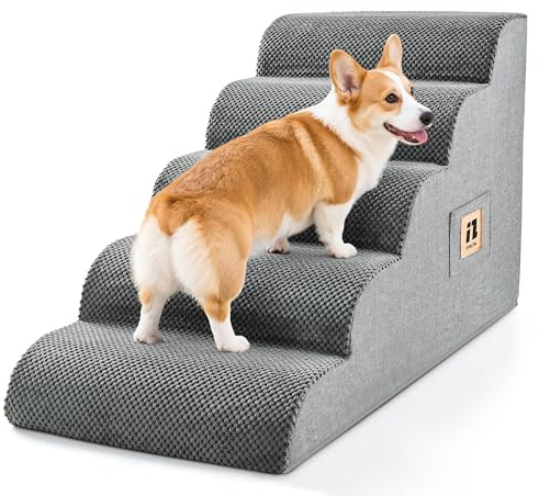 IFNOW Hundetreppe für kleine, mittelgroße Hunde und Katzen, 50 cm hoch, 5-stufige Studry Hundetreppe für Bett, Couch, hochdichter Schaumstoff, Haustiertreppe für Hunde zum Aufsteigen auf das Bett