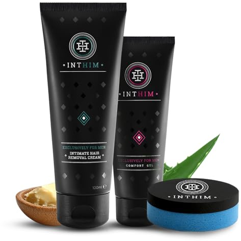 IntHim Enthaarungscreme Intimbereich Männer Doppelpack – Sanfte, gründliche Haarentfernungcreme ohne Rasur + DermaClean Pro Schwamm + Männer After Shave