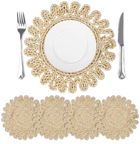 comfoyar Round Woven Placemats Set of 4, 30cm Non-Slip Natural Corn Straw Handmade Braided Place Mats, Heat Resistant Rustic Wicker Table Mats for Kitchen Dining Party Table Home Decoration
