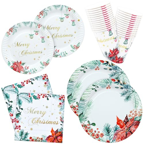 Christmas Paper Plates, Napkins, Paper Cups Poinsettia 96 Pieces Tableware Set Disposable for Party, Holiday, New Year