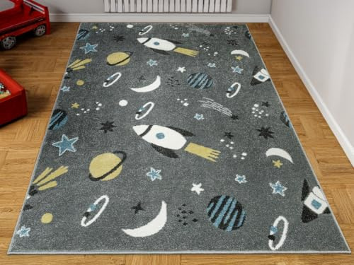 AKCILA Lima Kinderteppich 200x250 cm, Kinderzimmer Kurzflor Teppiche | Kinderteppich Mädchen, Jungen, Kids Carpet, Rakete, Planeten, Wohnzimmer Teppich