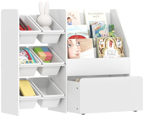 AIYAPLAY Scaffale Portagiochi Bambini, Organizzatore per Giocattoli in Legno FSC con 6 Contenitori Rimovibili, Box Inferiore con Ruote e 3 Ripiani, Mobile Libreria Scaffale per Cameretta, Bianco