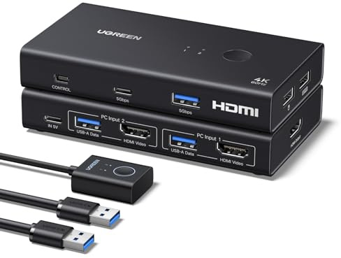 UGREEN HDMI KVM Switch 2 PC 1 Monitor Support 4K@60Hz, USB 3.0 KVM Switches for 2 Computers Share Keyboard/Mouse/Hard Drives/Printer and 1 Monitor, 4 Port KVM Switcher with Desktop Controller