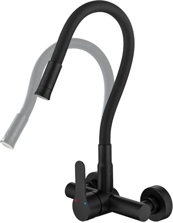 BAITUJIE Grifo de cocina montado en la pared, grifo de cocina de montaje en pared con boquilla flexible de 360°, grifo mezclador con 2 modos de pulverización, negro mate