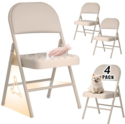 Folding Chairs Set of 4 Foldable Desk Chairs Faux Leather Padded Cushioned Seat Metal Frame Max 145KG Guest Seating Temporary Event Hall Seating Easy Store Kitchen Office Dining Chair Indoor, Beige