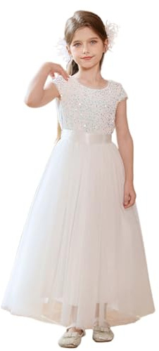 Elegantes Mädchen-Abendkleid für Aufführungen und Schönheitswettbewerbe: Tutu-Kleid mit Rock und Schärpe (White, 9-10 Years)