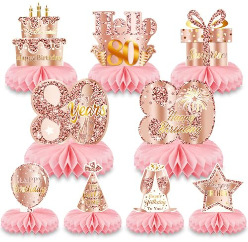 AOOHA 80th Birthday Honeycomb Decorations,Pink Table Decorations | Happy Birthday Rose Gold Centerpieces,Cake Toppers,80 Years Birthday Party Supplies,Decor Supplies for Woman